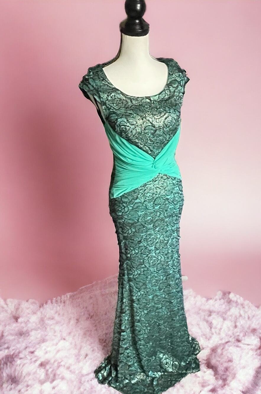 Vintage 90s La Scala Green Gold Metallic Lace Rose Fitted Prom Evening Gown M 6